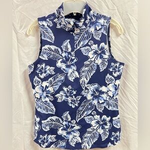TOMMY BAHAMA WOMENS Small AUBREY BLOSSOM BAY ISLAND  ZONE  PALM PRINT BLUE TOP